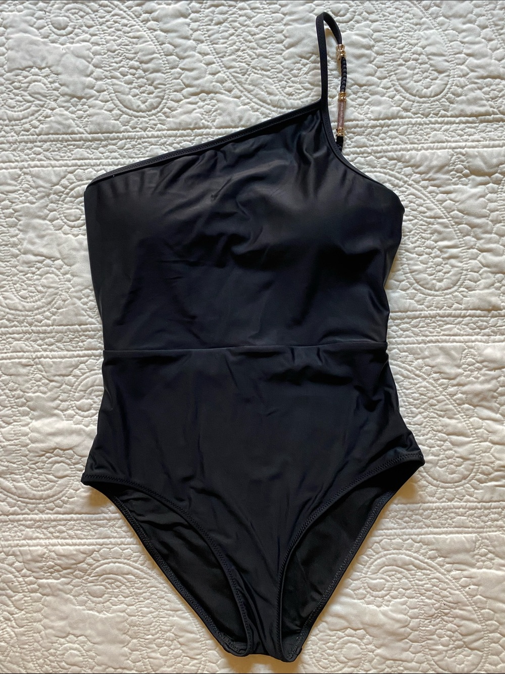 aerie Asymmetric One-Shoulder Black Swimsuit with Gold Accent *size small - Picture 2 of 3